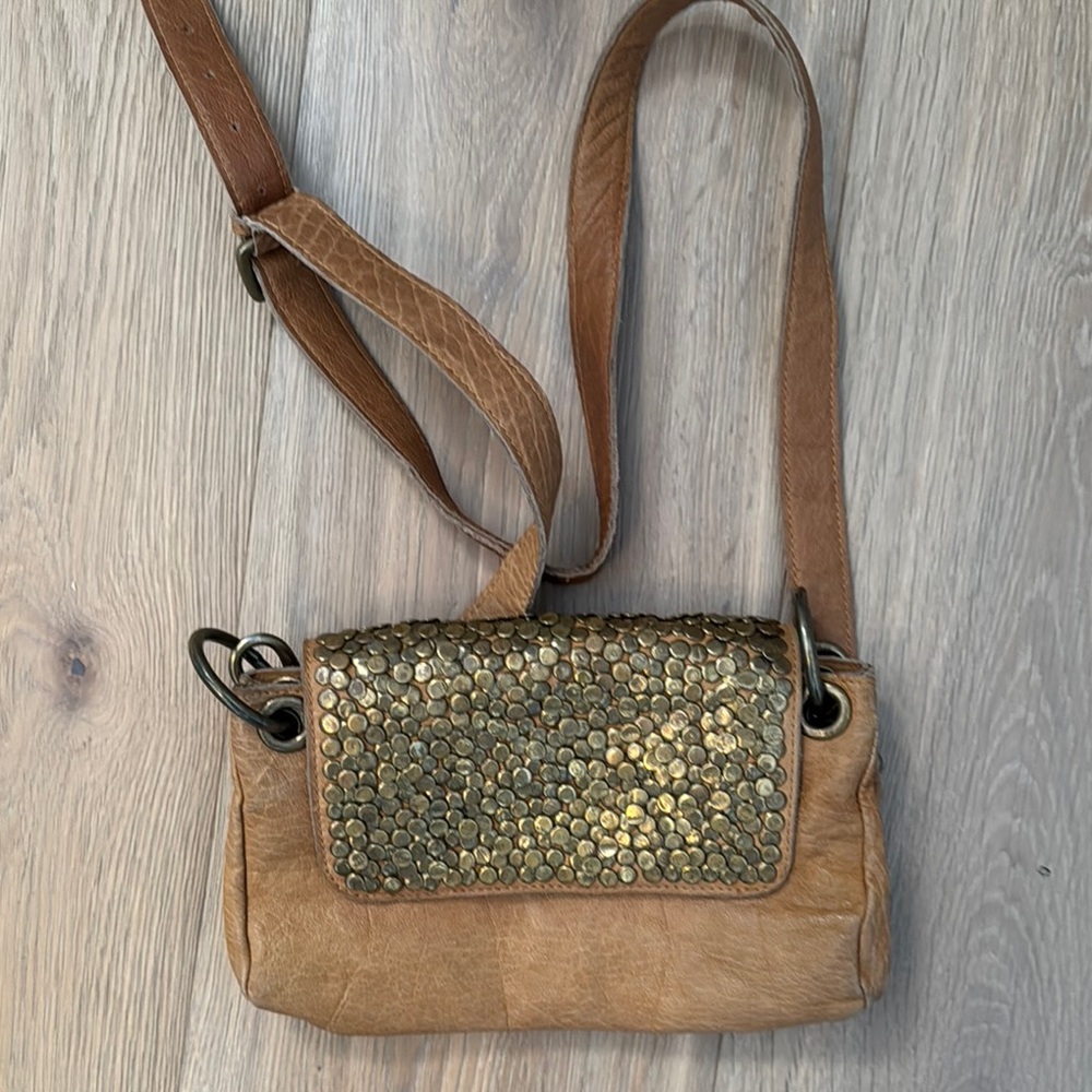Monserat De Lucca Tan Leather Crossbody with Gold Studded Flap